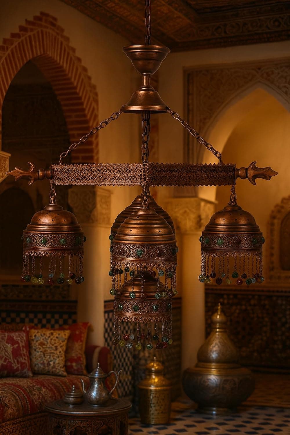 نجفة عربية نحاسية كلاسيك – 5 أباجورات __ من مشكاه لايتنج