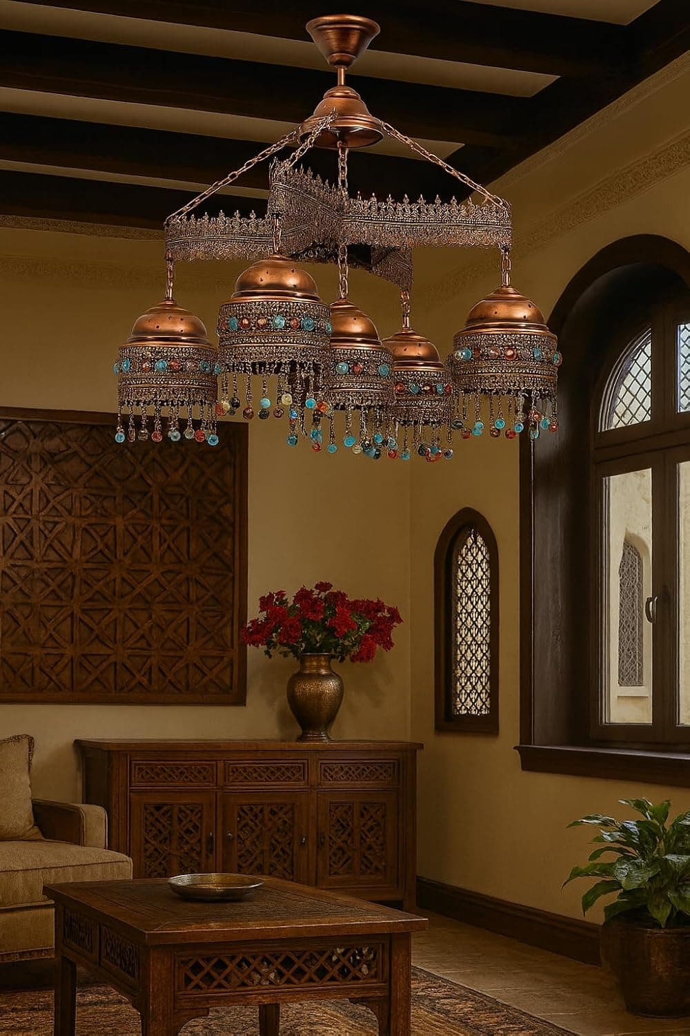ثريا عربية من نحاس مع 6 أكواب، تصميم كلاسيكي